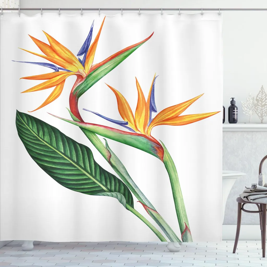 ABAKUHAUS Tenda da doccia Hawaii Colors, dipinto tropicale con un fiore paradisiaco su sfondo semplice, 175 x 220 cm, multicolore bianco