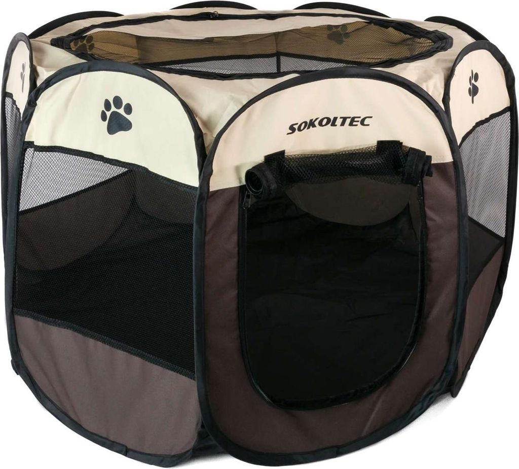 Intirilife Laufstall für Haustiere 77 x 58 cm Spielzelt aus Oxford-Gewebe in Braun mit Pfoten - Faltbar mit Tragetasche Hunde Katzen Welpen Stall