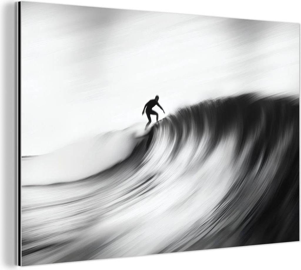 MuchoWow Wanddekoration Metall Metallbild Wandkunst 60x40 cm Surfer - Welle - Verblasst - Schwarz MuchoWow Aluminium Gemälde - Gemälder