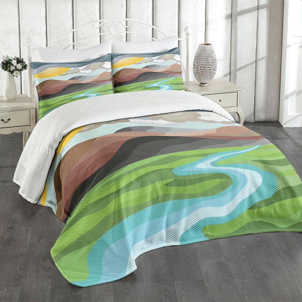 ABAKUHAUS Landschaft Tagesdecke Set, Zusammenfassung Berglandschaft Land Sonne Fluffy Clouds Green Field und ein Fluss, 220 x 220 cm, Mehrfarbig