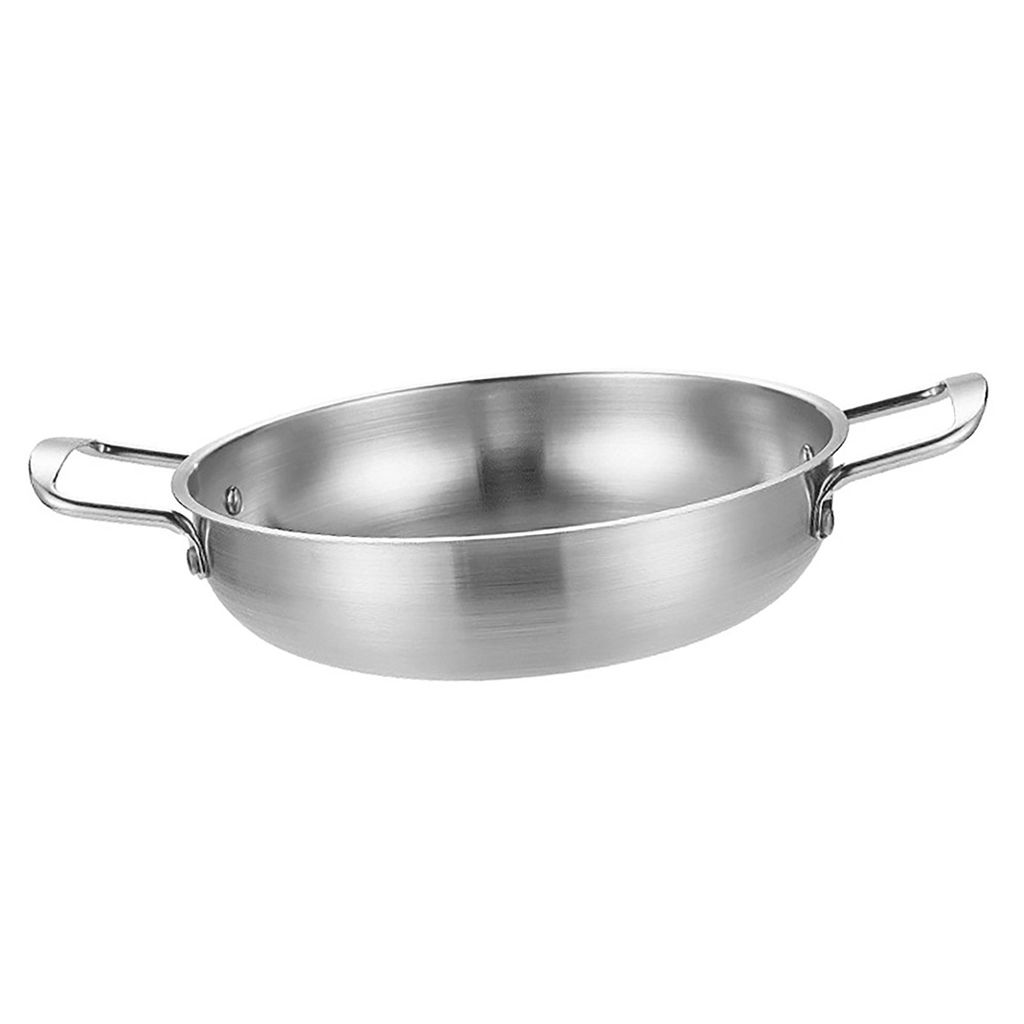 Frittierpfanne mit Doppelgriff, 1350ML, Verdickter Edelstahl, Flacher Boden, Für Meeresfrüchte & Gebratener Reis, Silber