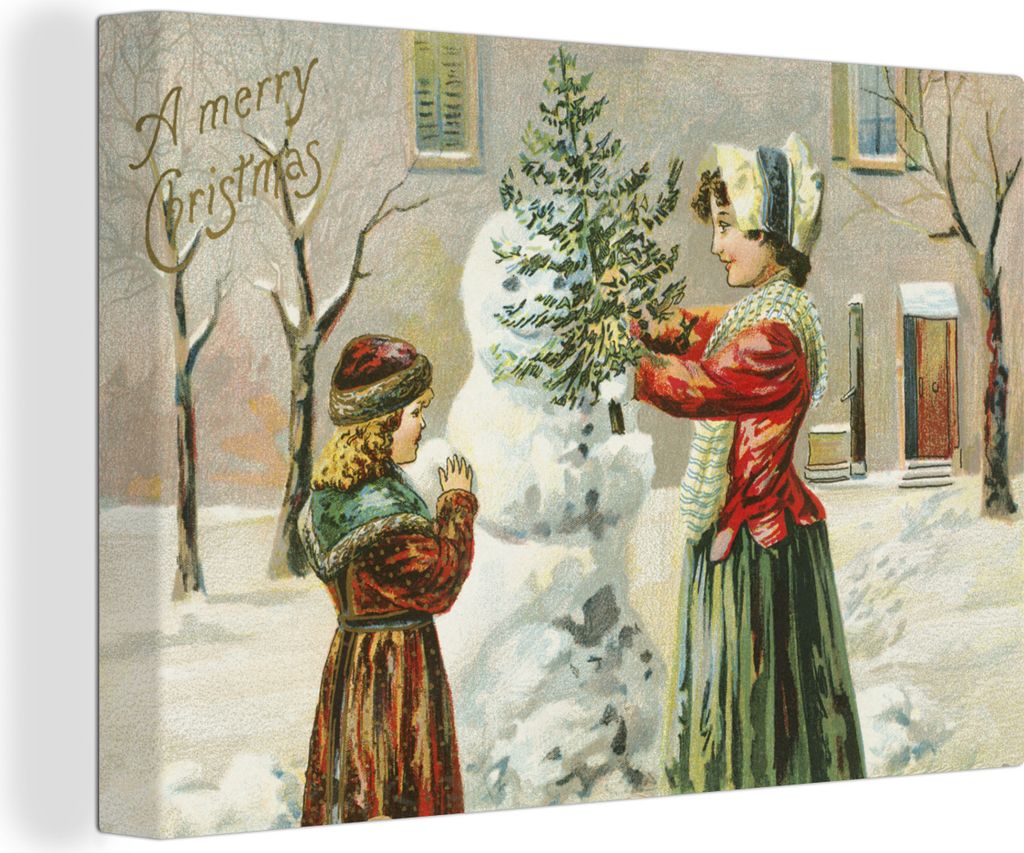 MuchoWow - Leinwandbilder - Weihnachten - Schnee - Weihnachtskarte, Wandbild, Wanddeko Bilder Wohnzimmer, 120x80 cm