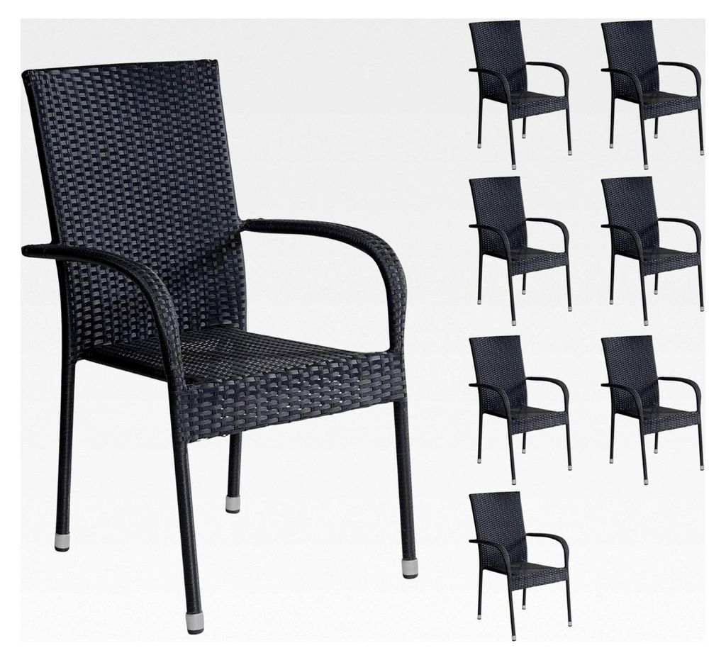 LC Garden Lübeck 8er Set Stapelstuhl schwarz, stapelbarer Gartenstuhl mit Flach-Rattangeflecht, Garten Armlehnstuhl mit mittelhoher Rückenlehne, ...