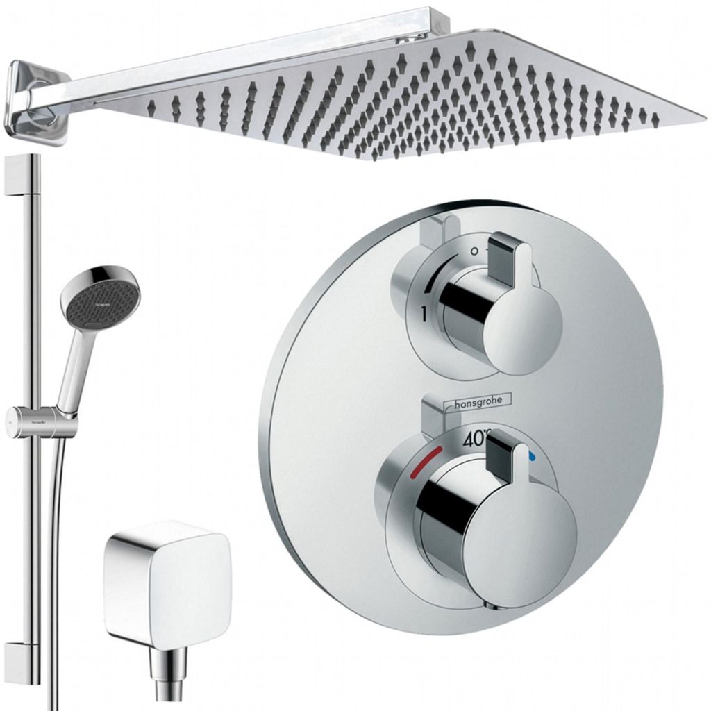 Hansgrohe und Jowi Unterputz Duschsystem Ecostat S Thermostat, Unterputz Duscharmatur mit Kopfbrause, 650mm Brausestange, OHNE iBox