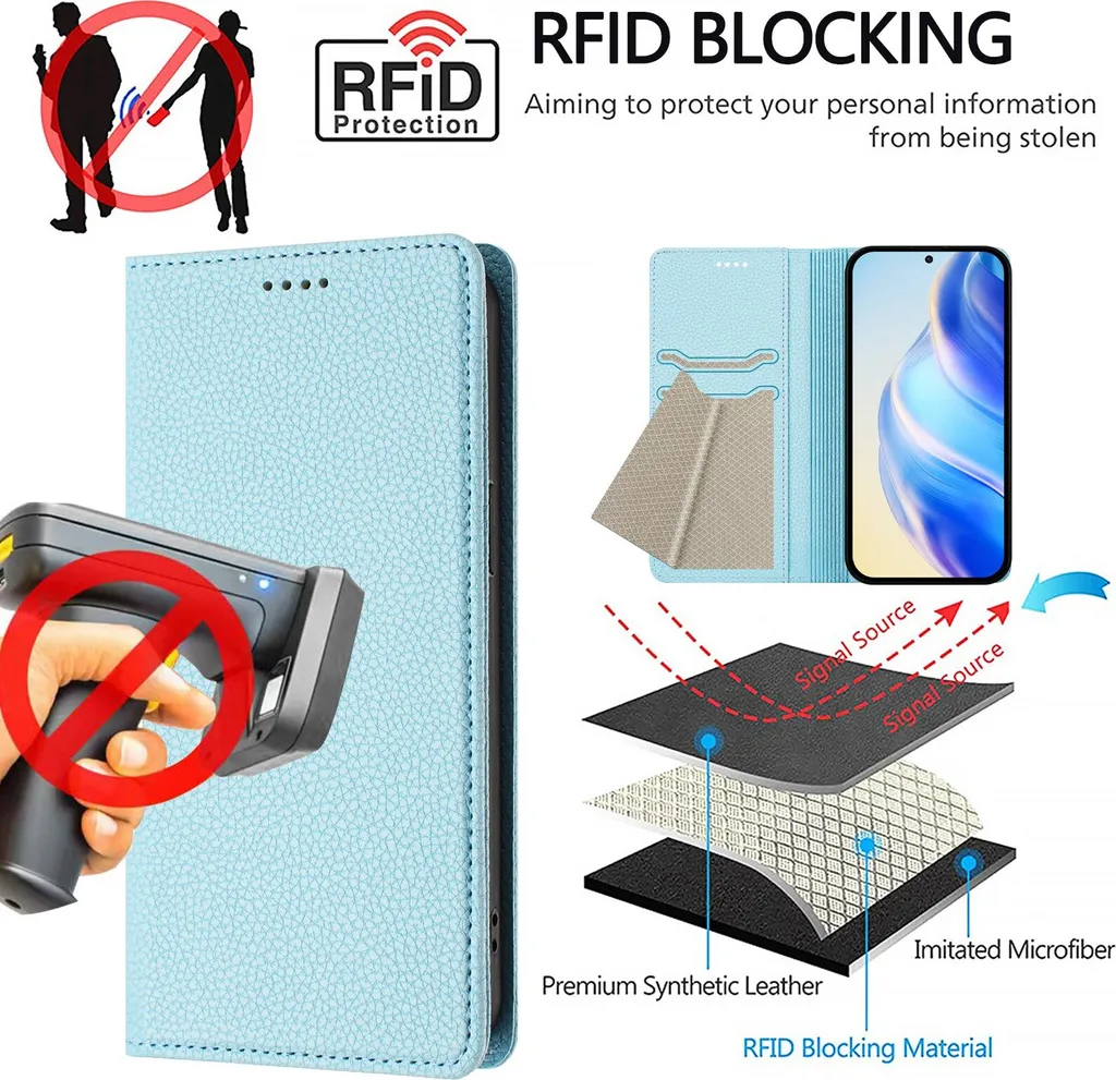 Cover Honor 200 Lite Pelle Litschi Blu Chiaro con Stand e Porta Carte - 7