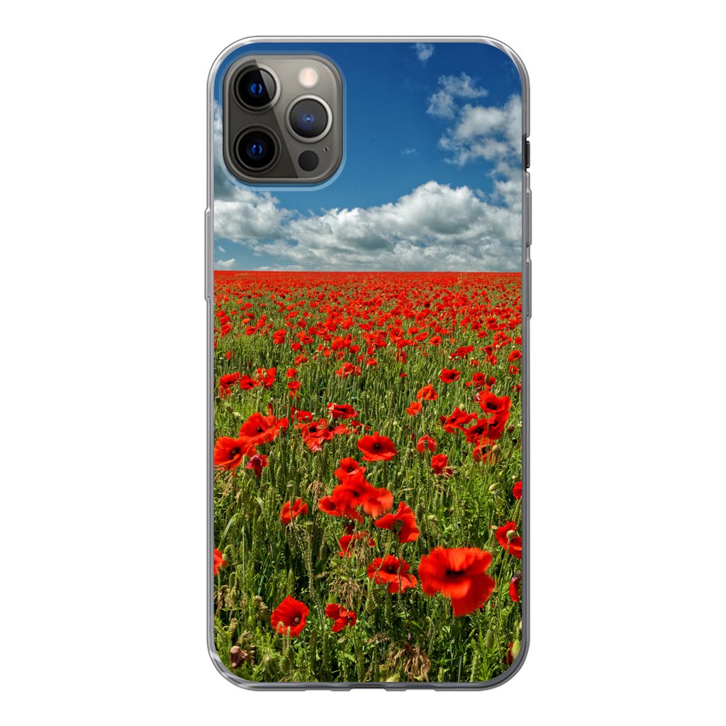 MuchoWow Handyhülle Schutzhülle Hülle für iPhone 13 Pro Max Schneeweiße Wolken über einem Mohnblumenfeld Silikon Softcase Handy Hülle - Mo...