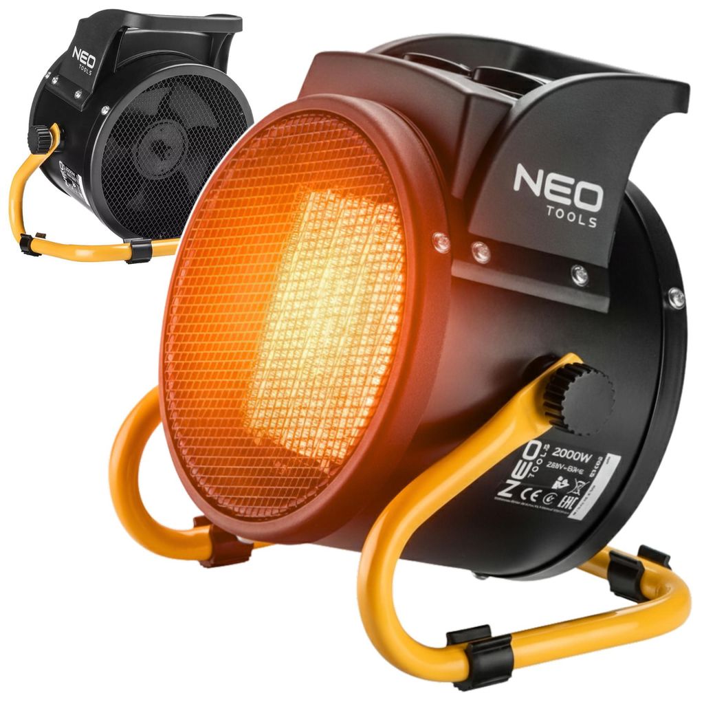 Two black and orange electric heaters are shown, one in the foreground with its heating element glowing orange, and another in the background.