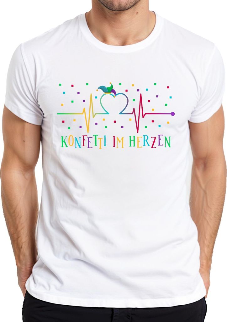 KONFETTI IM HERZEN Karneval Fasching Narrenkappe Herzlinie bunt Herren T-Shirt, Weiß, S