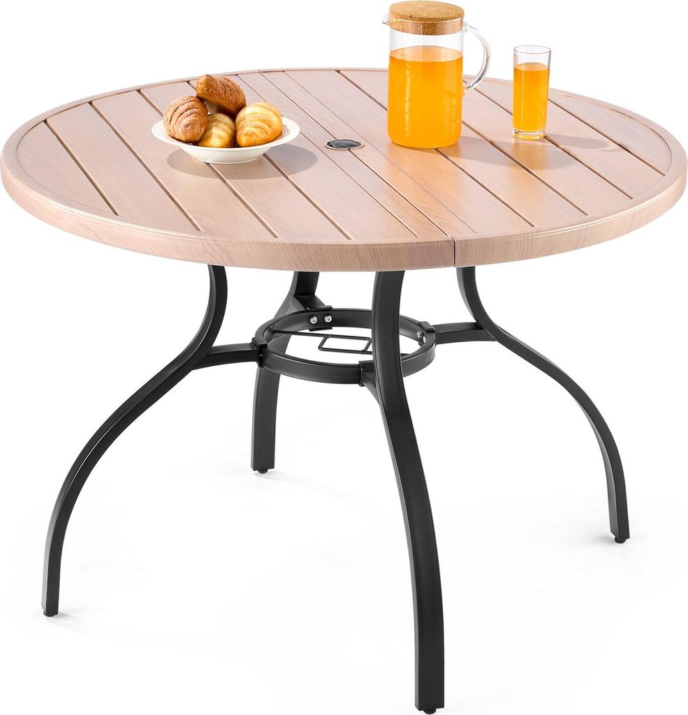 Gartentisch & Terrassentisch - Runder Outdoor-Esstisch - Kohlenstoffstahl mit Holzmaserung - Maße 103,5 x 72 cm - Mit Schirmloch - Wasserfest - Tr...