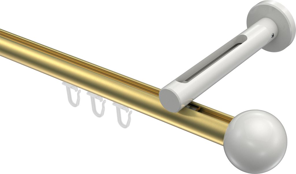 Interdeco Innenlaufstange / Gardinenstange mit Innenlauf Messing-Optik / Weiß, Typ Siteno Luino (Kugel), 20 mm Ø 1-läufig, 480 cm
