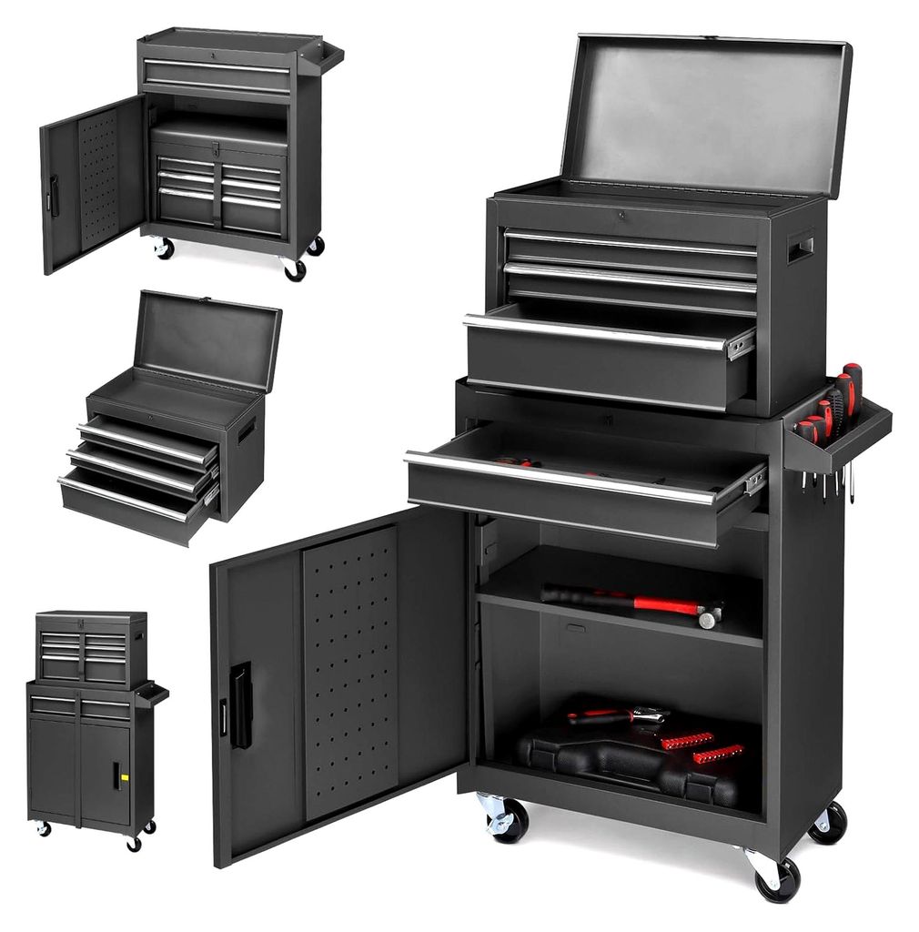 Werkstattwagen leer, Werkzeugwagen leer, Werkzeugschrank mit Schloss, Koffer & 4 Fächer & verstellbarem Regal, Kugelgelagerte Schubladen, Metall, ...