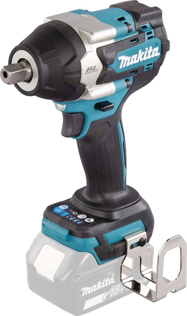 A cordless impact wrench with a battery pack attached.