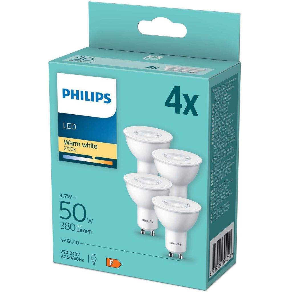 Philips Spot 50 W PAR16 GU10 x4, 4,7 W, 50 W, GU10, 380 lm, Produktbild 
