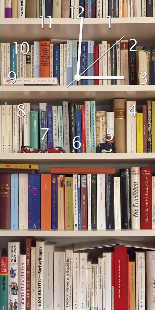 Wallario Design Wanduhr Weißes Bücherregal mit unterschiedlichen Büchern aus Echtglas, Größe 30 x 60 cm