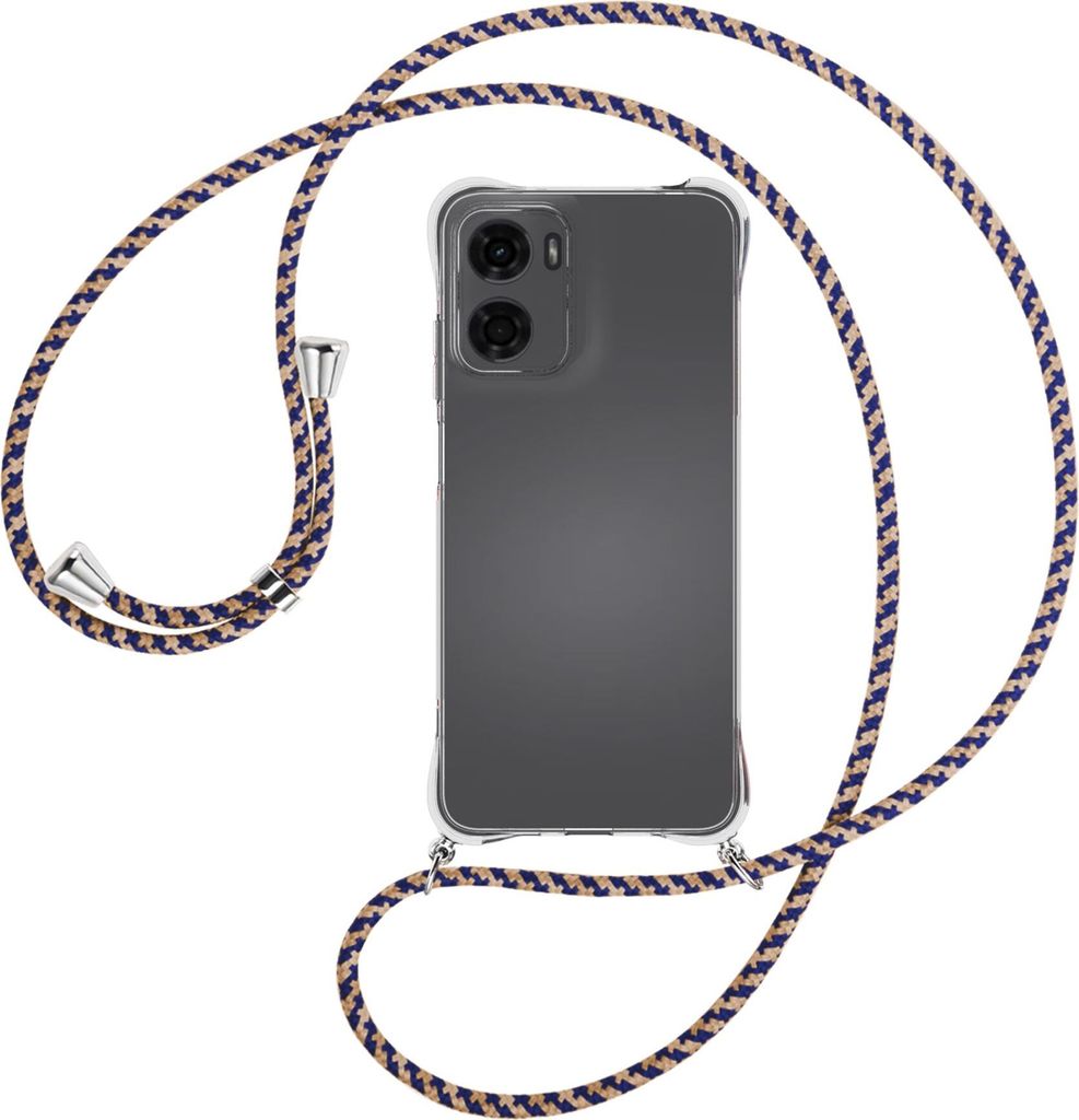 Handykette Backcover-Schutzhülle mit Band (Metall silberfarben) für Motorola Moto G05 - blau+beige