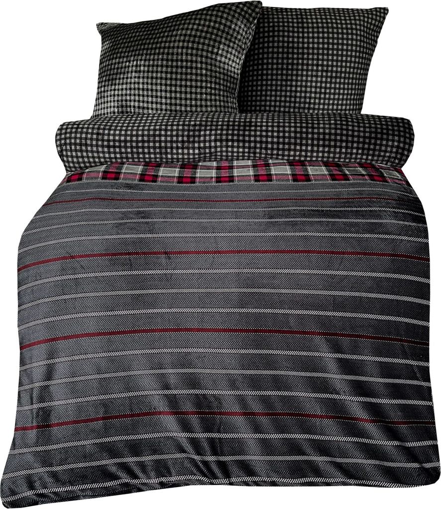 Winter Bettwäsche Teddy Plüsch Nicki Flauschig Kuschelig Warm Weich , Größe:4 teilig 135x200 cm, Farbe:Gestreift Streifen anthrazit rot