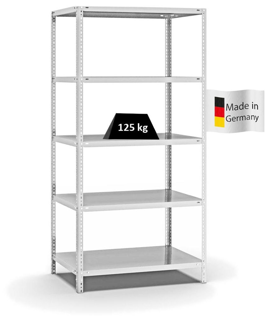 PROREGAL Fachbodenregal Schraubsystem MAGNUS Germany | HxBxT 200x100x60cm | 5 Ebenen | Fachlast 125 kg | Beidseitig nutzbar | Lichtgrau
