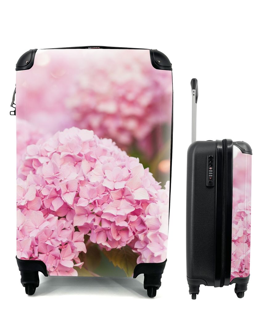 MuchoWow Koffer Handgepäck Trolley Rollkoffer Kleine Reisekoffer mit 4 Rollen - Busch - Blumen - Rosa - Hortensie - Cabin Size < 55x40x23 cm & 5...