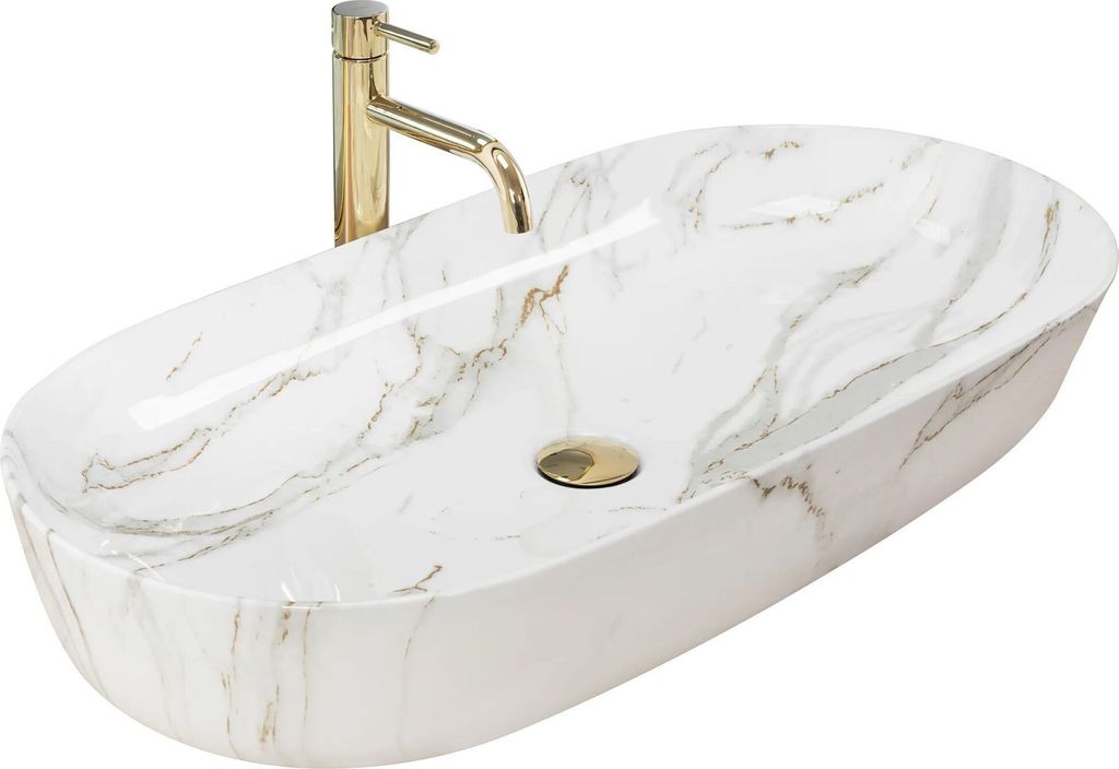 A white oval countertop sink with gold veining and a gold faucet.