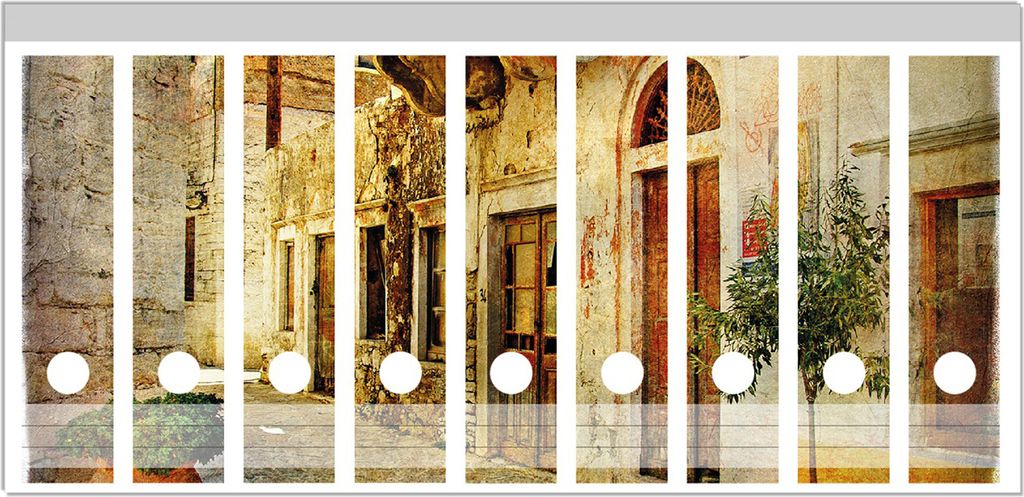 Wallario Ordnerrücken Sticker, selbstklebend für breite Ordner, 9 Stück, Motiv Gasse im Süden, Urlaub in Griechenland