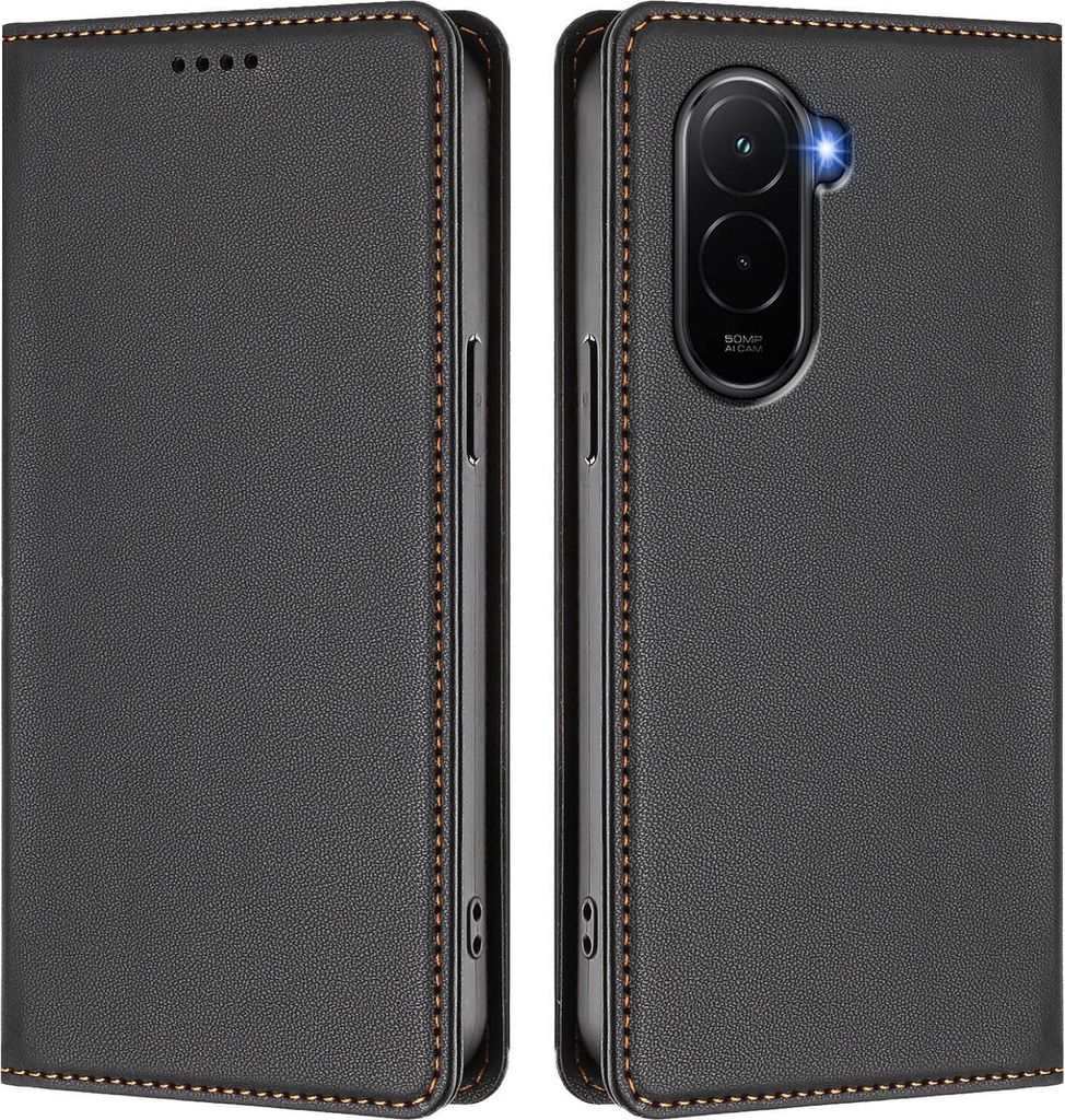 A black leather flip case for a smartphone is shown from two angles.