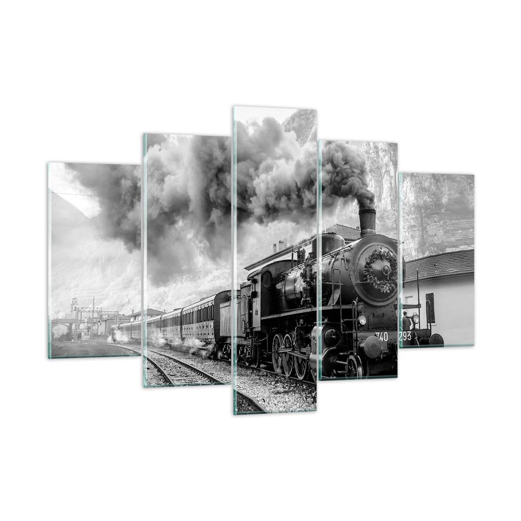 Bilder auf glas - 5 Teile - Zug Schwarzweiß Rauch - 150x100cm - Glasbilder - Wandbilder - Bilder - zum Aufhängen bereit - Wanddekoration aus Glas...