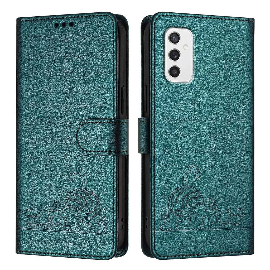 Custodia in pelle per Samsung Galaxy M52 5G, dolce gatto Custodia flip con funzione stand e portafoglio verde - 2