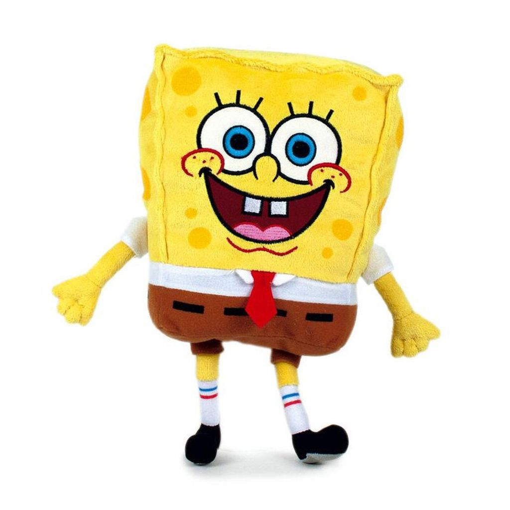 A plush toy of SpongeBob SquarePants standing against a white background.