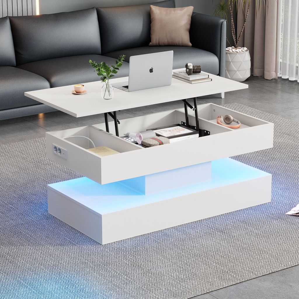 Merax Couchtisch höhenverstellbar mit LED, verstecktem Stauraum & EU-Steckdose, App-gesteuert, 100x50x42 cm, Weiß