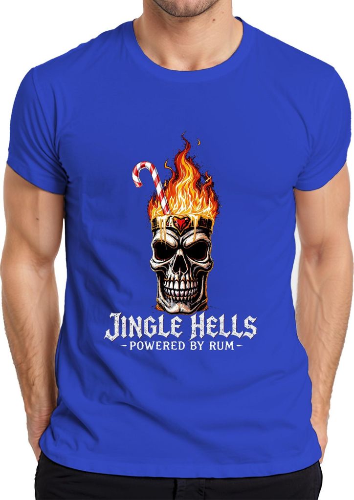 Jingle Hells Powered by Rum Totenkopf Weihnachten Flammen lustig Herren T-Shirt, Blau, S