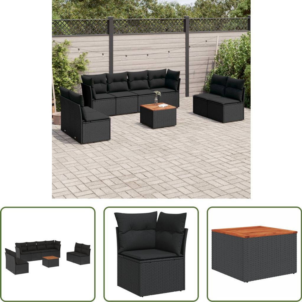 The Living Store 9-tlg. Garten-Sofagarnitur mit Kissen Schwarz Poly Rattan