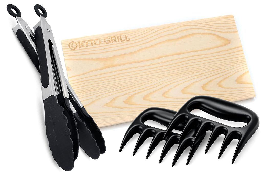 Kyto BBQ Grill Zubehör Set 3-teilig – Pulled Pork Krallen, Grillzangen Set 2-tlg. (34/27cm) & Zedernholz Grillbrett 30x15cm