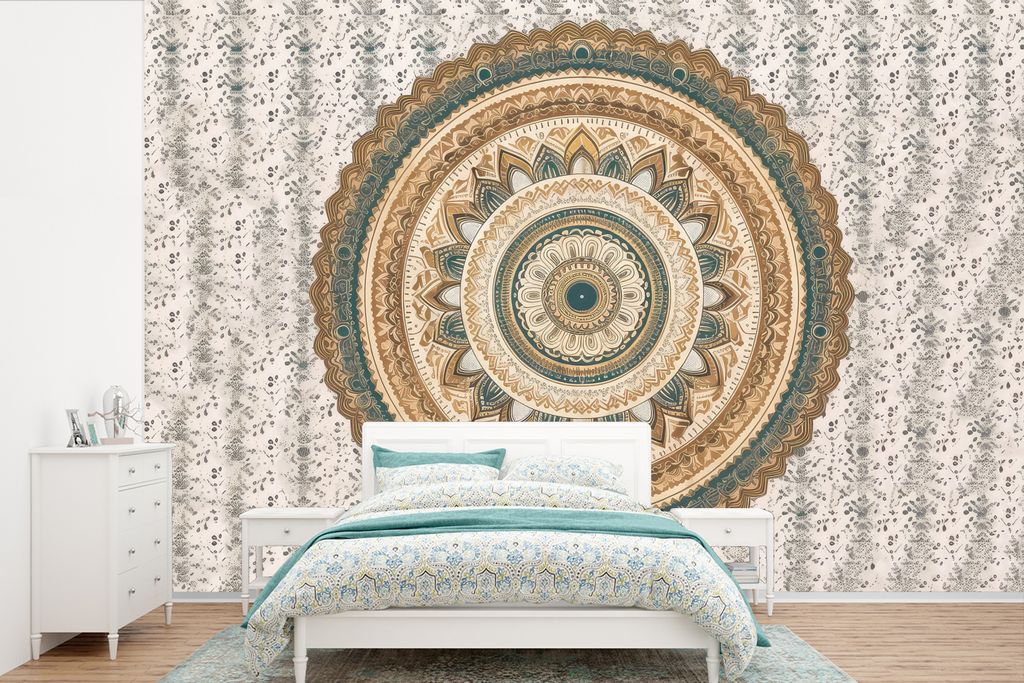 MuchoWow Fototapete für Wohnzimmer oder Schlafzimmer Wandtapete Vinyl Motivtapete Blumen - Mandala - Vintage - Braun - Hippie - 420x280 cm - Zim...