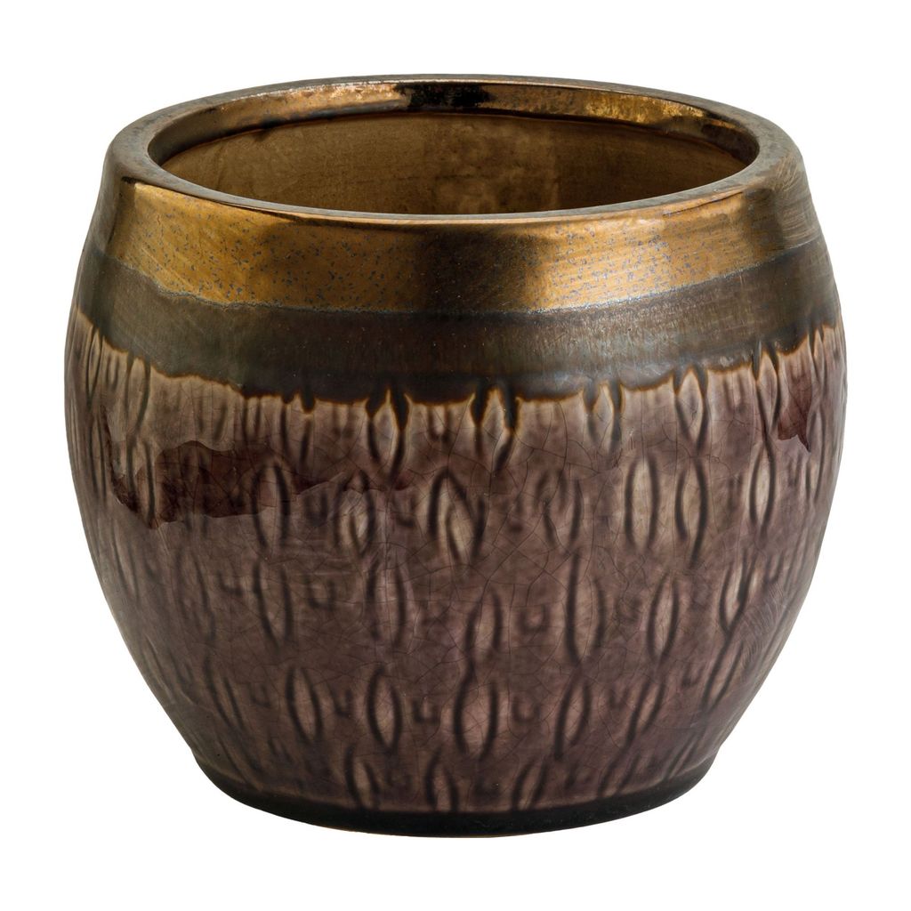 Keramik Rund Glasiert Blumentopf Lila & Gold H 14cm D 16 cm Vintage Skandinavischen Stil Ornament