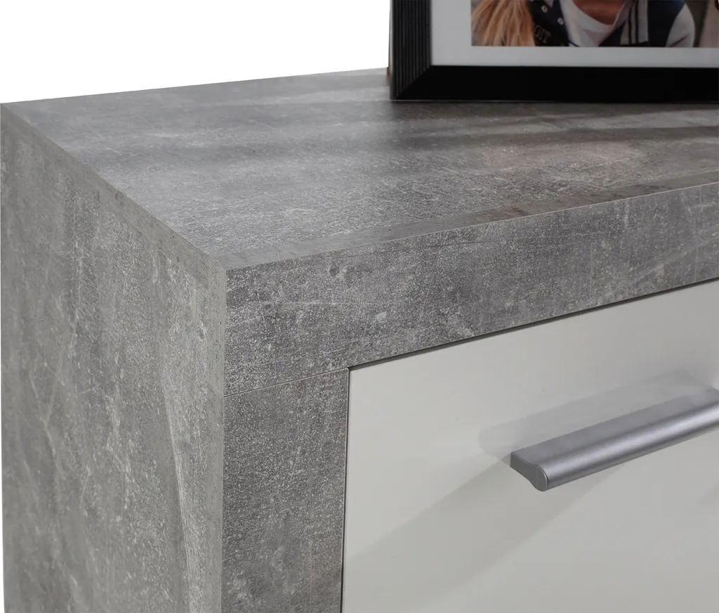 Buffet laqué blanc brillant style industriel béton avec rangements - 10
