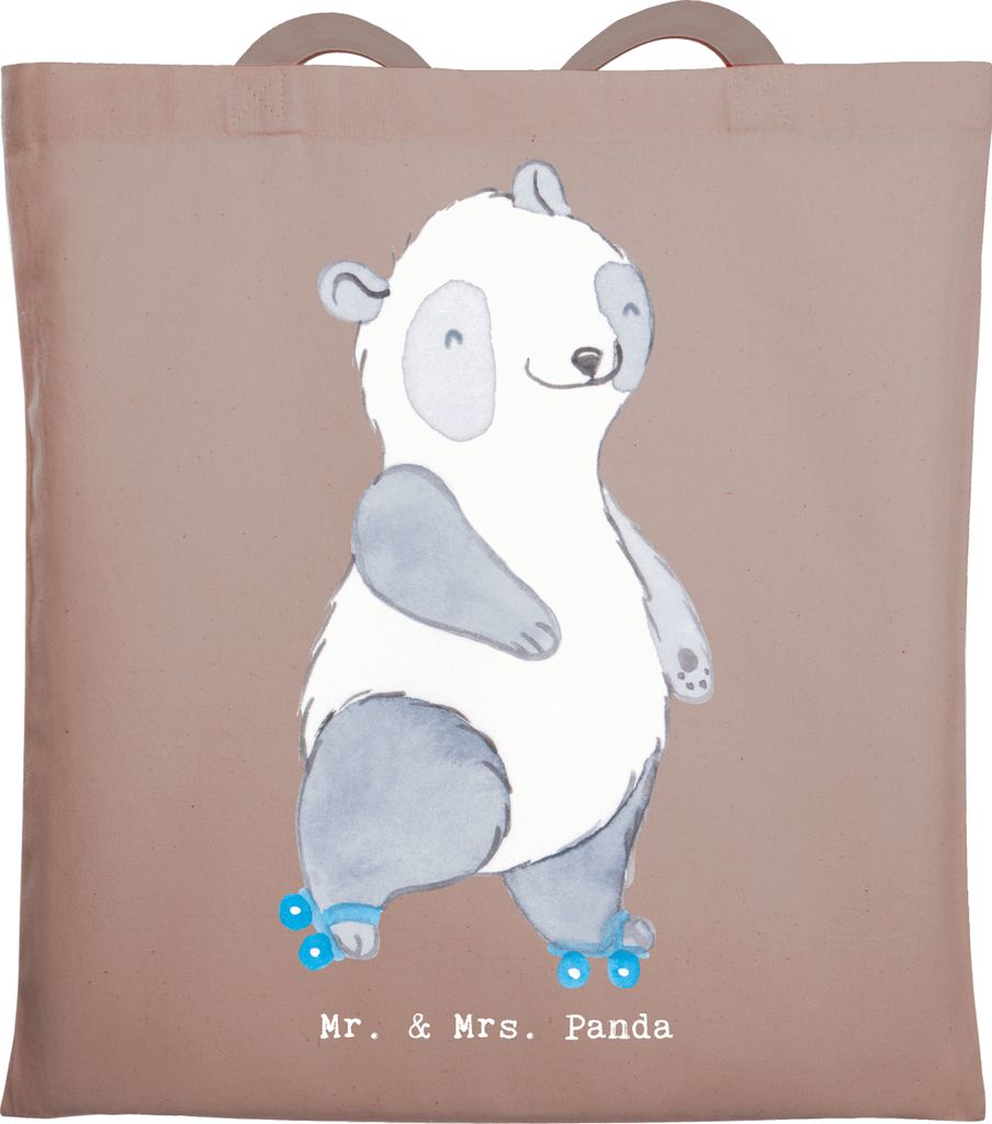 Mr. & Mrs. Panda Jutebeutel Panda Inliner fahren - Braun Pastell - Geschenk, Schultasche, Tragetasche, Stoffbeutel, totebag, Inlinern, Rollschuh, T...