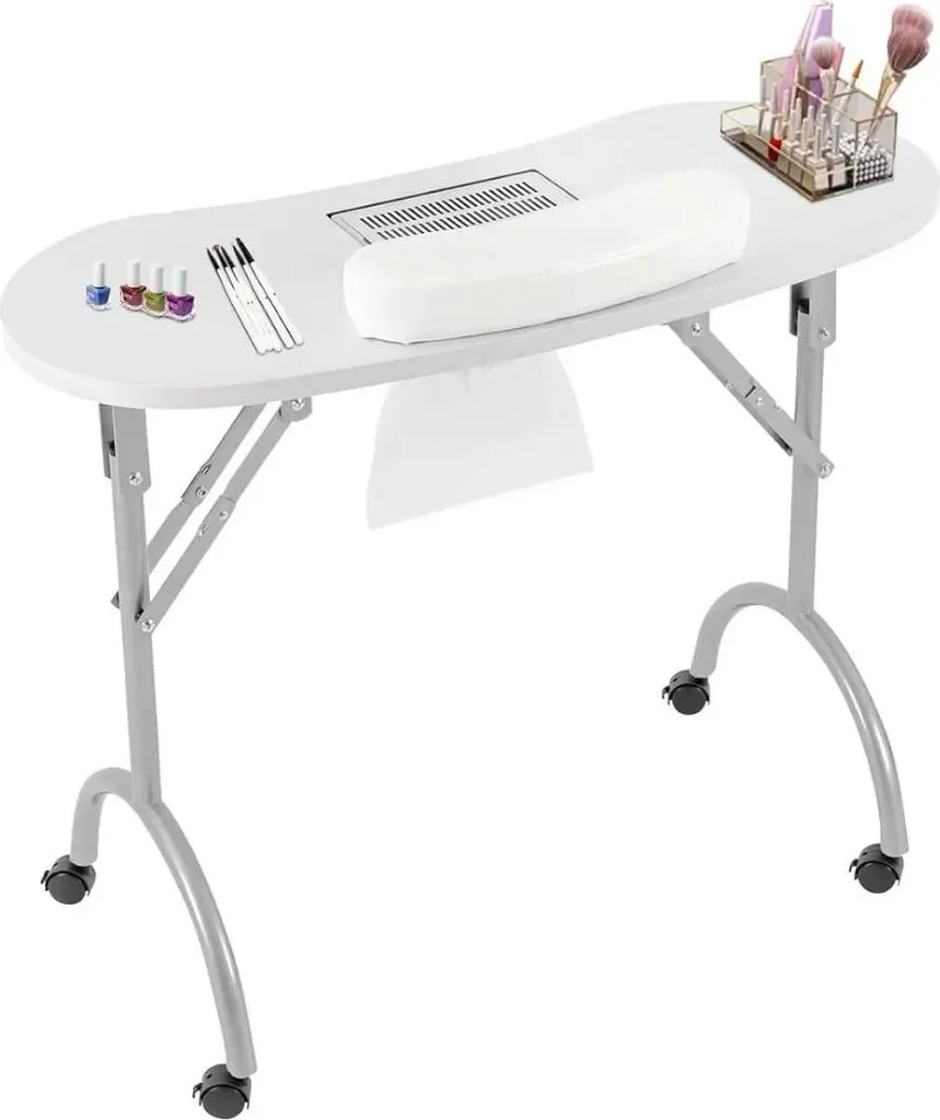 Table à ongles blanche avec aspirateur intégré et 4 roulettes pivotantes