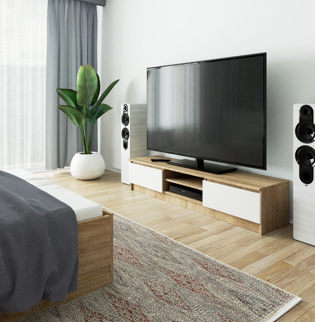 TV-Board – TV Schrank – TV Ständer – TV Tisch – TV Lowboard – 160 cm – Sonoma Eiche / Weiß – Moderner Lowboard mit 2 Türen und 2 F...