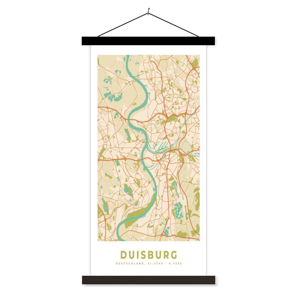 MuchoWow Textilposter Jahrgang - Karte - Duisburg - Stadtplan 90x180 cm mit schwarzem Rahmen - Dekoration Wohnzimmer