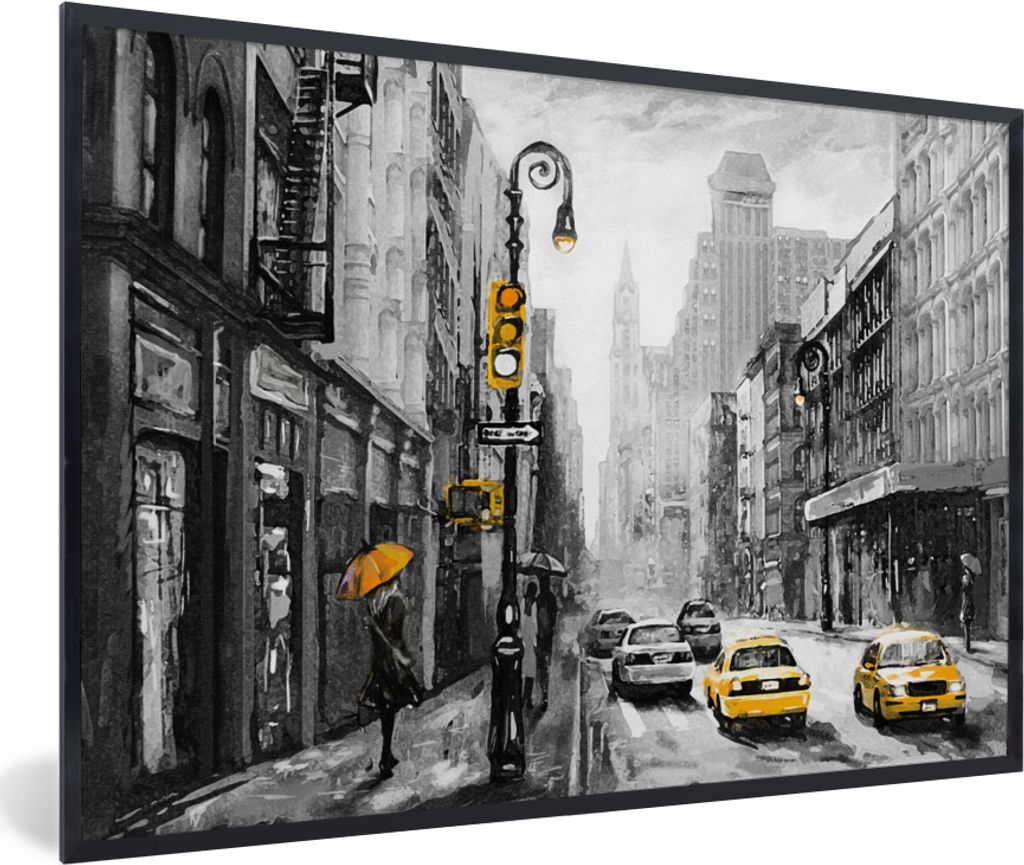 MuchoWow Gerahmtes Poster Gemälde - Ölfarbe - Stadt - Auto 30x20 cm - Poster mit Schwarzem Bilderrahmen Wandposter Rahmen Foto Bilder - Kunstdr...