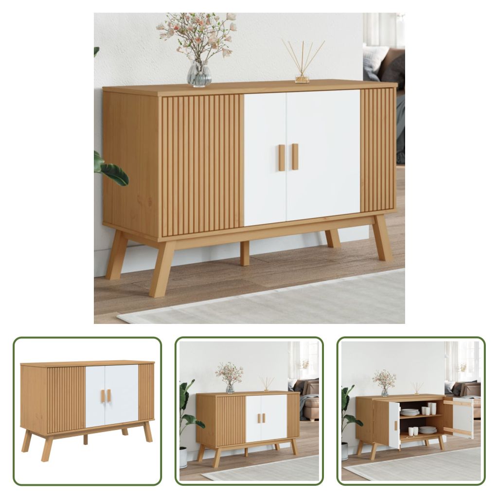 The Living Store Sideboard OLDEN Weiß und Braun 114x43x73,5 cm Massivholz Kiefer