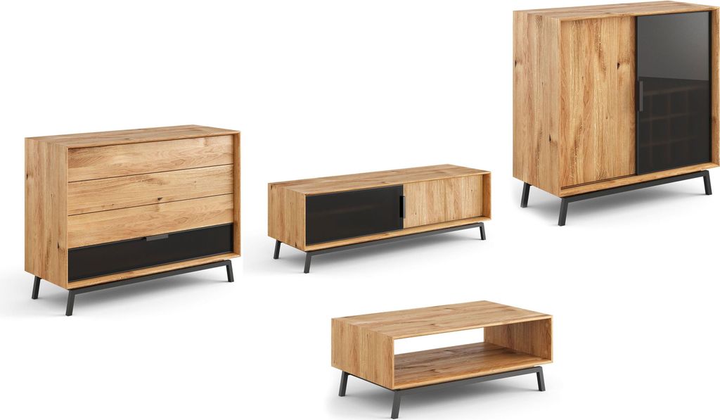 Wohnzimmer-Set Modern Loft Wohnwand Massivholz geölt Ausführung wählbar,Kommode, Lowboard, Weinregal (Glas), Couchtisch,Eiche Natur