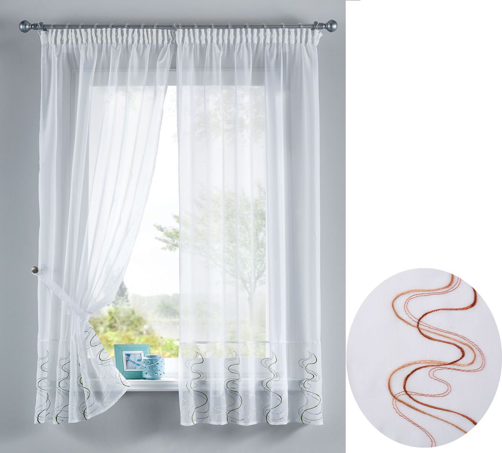 WELLE Stickerei Gardinen Set 4 Tlg. Raffhalter Tunneldurchzug Gardinenband für Gardinenschienen Braun HxB 150x90 cm, 112231