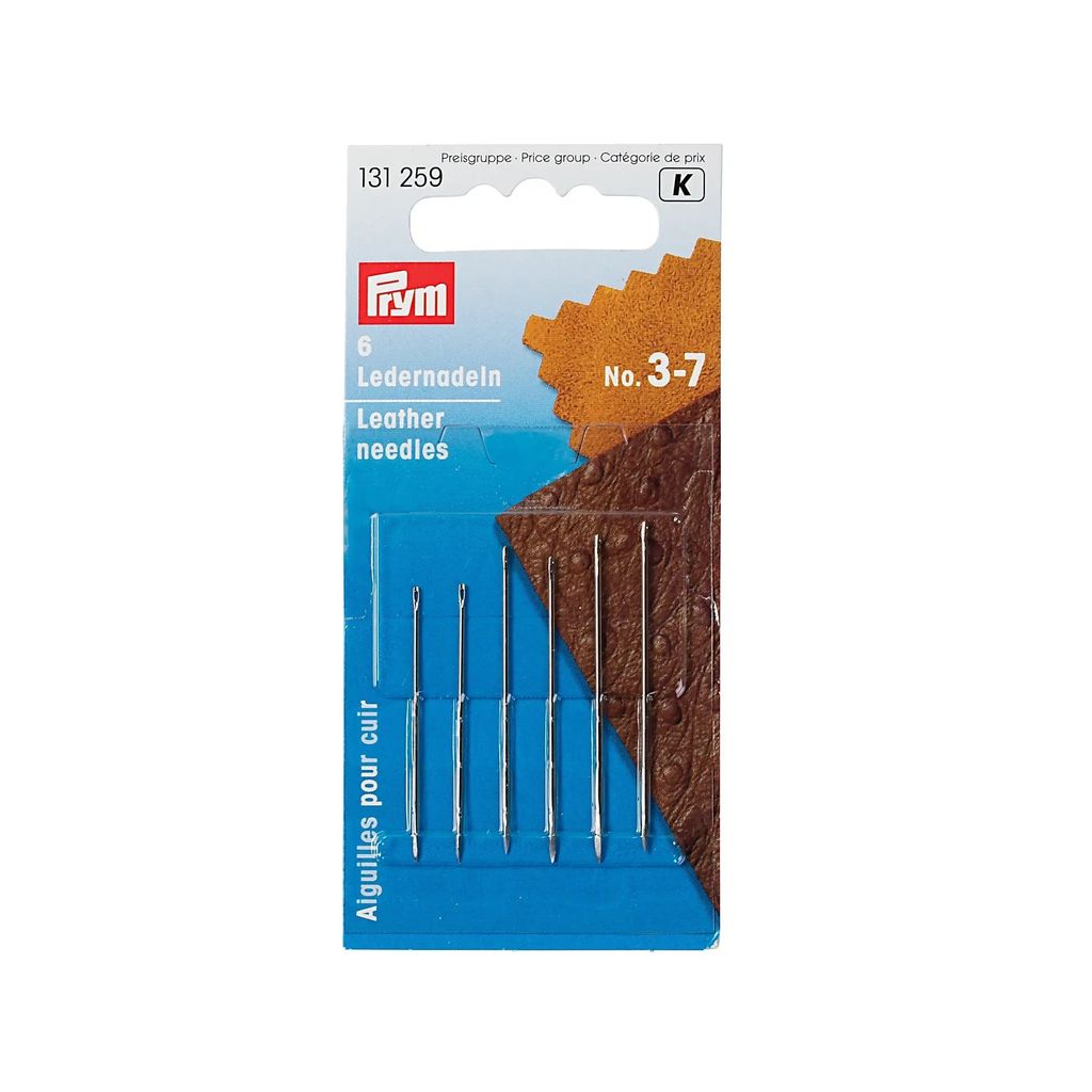 A product package containing leather needles.