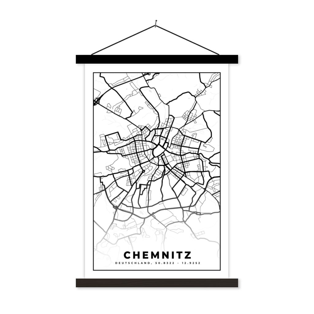 MuchoWow Textilposter Chemnitz - Karte - Stadtplan - Wegbeschreibung 40x60 cm mit schwarzem Rahmen - Wanddekorationen
