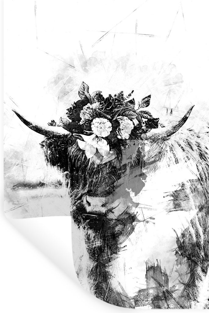 MuchoWow Wandtattoo Wandsticker Wandaufkleber Ausdrucksstarke Darstellung eines schottischen Highlanders - schwarz-weiß 40x60 cm Selbstklebend u...