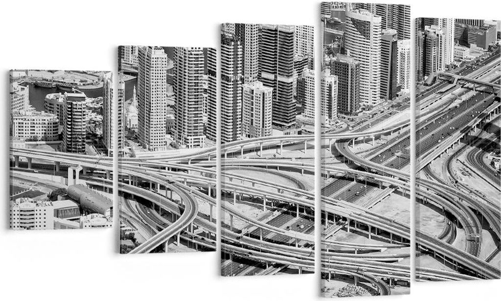 Bild auf Leinwand - Leinwandbild - 5 Teile - Stadt Wolkenkratzer Autobahn - 100x60cm - Wand Bild - Wanddeko - Wandbilder - Leinwanddruck - Bilder -...