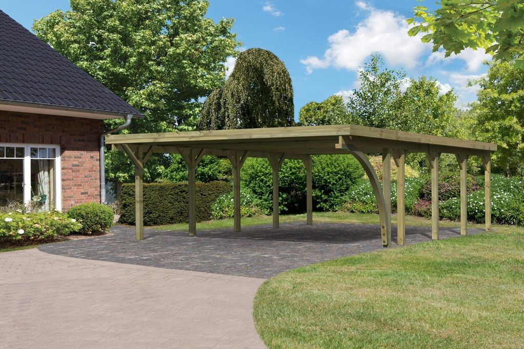 Doppelcarport Classic 3 Holz Überdachung Unterstand Stahl-Dach inkl. einem Einfahrtsbogen kesseldruckimprägniert 563x777,5x237 cm