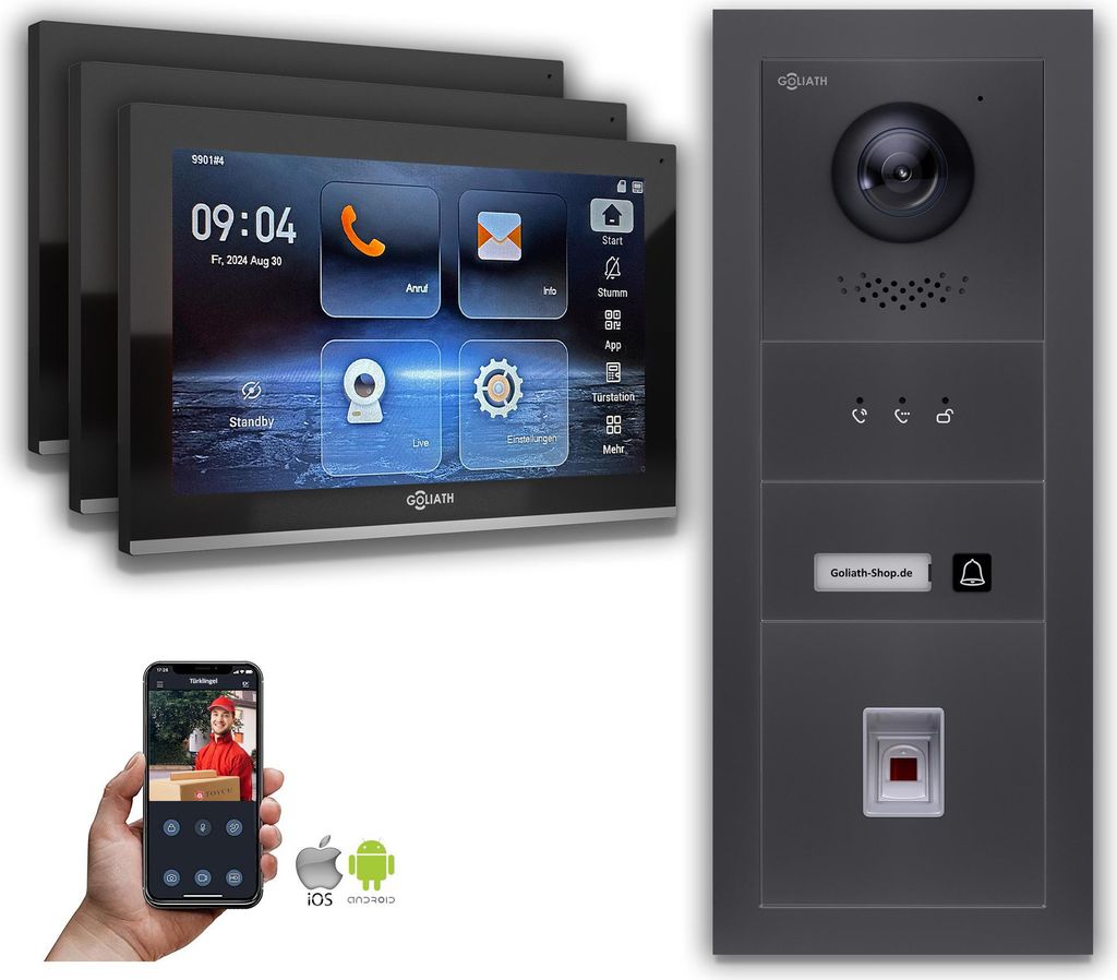 Goliath IP Video Türsprechanlage mit Kamera 10-Zoll Fingerprint Anzeige Anthrazit : 10 Zoll in Schwarz : Unterputzdose : 3 Monitore Anzahl: 3 Moni...