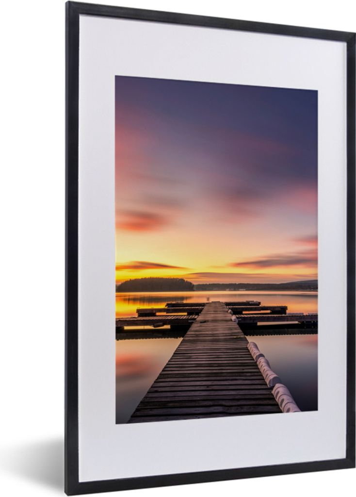 MuchoWow Gerahmtes Poster Steg - Sonnenuntergang - Wasser - Meer - Spiegelung 40x60 cm - Poster mit Schwarzem Bilderrahmen Wandposter Rahmen Foto...